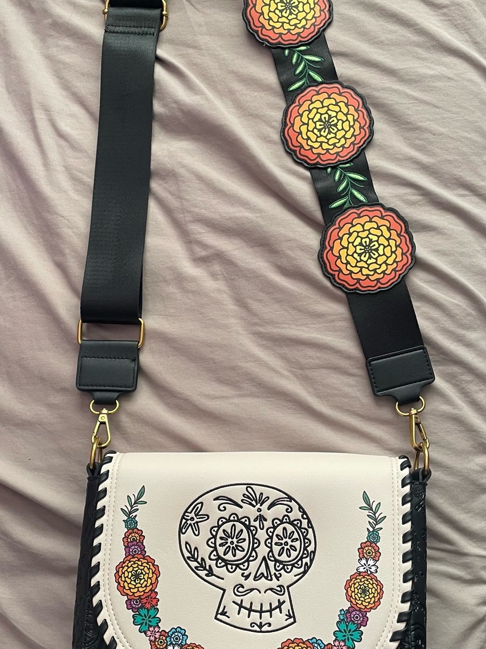 Floral Sugar Skull White Crossbody Bag with Decorative Strap